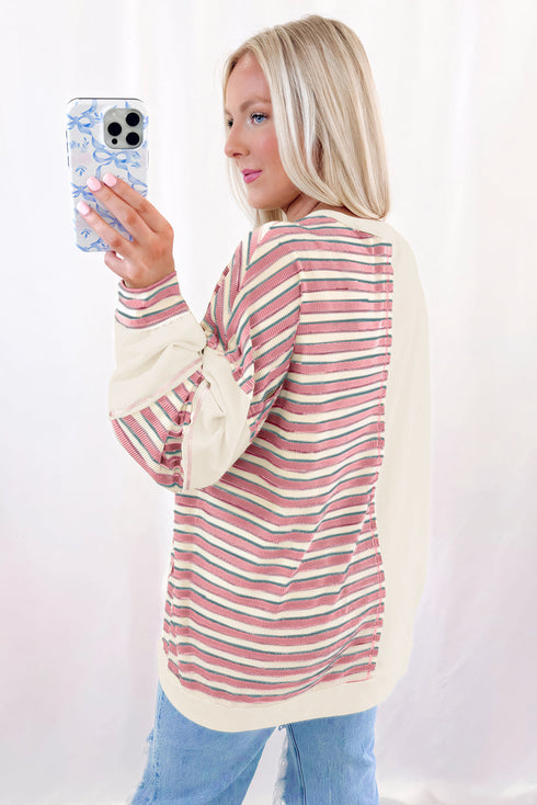 Colorblock Striped Patchwork Henley Pullover Top Exposed-Seam Drop-Shoulder